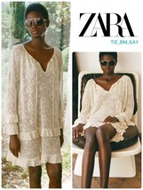 $79 ZARA BOHO POINTELLE ECRU KNIT RUFFLE DRESS M - $59.00