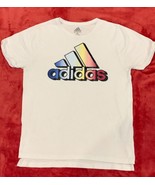 Adidas Shirt Youth Girls Medium 10-12 Logo Rainbow White Short Sleeve - $11.83