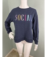 Wildfox Women&#39;s SOCIAL Embroidered Navy Blue Slit Hem Sweatshirt Sz XS - $17.58 CAD