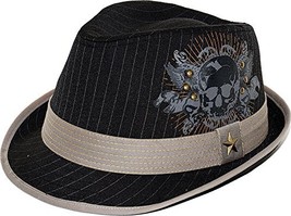 Kenny K Woven Poly Cotton Black Striped Pattern Skull Fedora Solid Grey Band (Me - $23.76