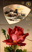 Happy New Year John Winsch EARLY-1900&#39;s postcard-rose &amp; Winter scene-bk34 - £3.16 GBP
