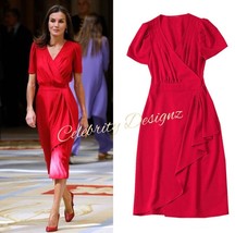 Queen Letizia Inspired Red Wrap Neckline Empire Ruffled Midi Slit Dress - $119.20