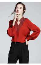 Women Retro Lace Embroidery Satin Blouse Elegant V Neck Long Sleeve Formal Tops_ - £19.98 GBP