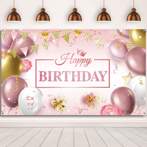 Happy Birthday Backdrop Banner for Girl Women Large Pink Rose Gold Balloons Flor - £16.92 GBP