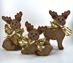 3 Christmas Reindeer Figurines 9” Tall Wooden 3-D Holiday Shelf Sitters ... - $19.50