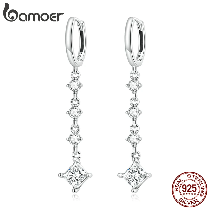 Authentic 925 Sterling Silver Delicate Square Zircon Drop Earrings for Women Lin - £22.06 GBP