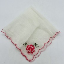 Vintage Womens Sheer White Hankie Red Rose Floral Embroidered Scalloped Edge - £14.93 GBP