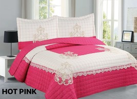 Juana Flowers Hot Pink Color Embroidery Bedspread Set 3 Pcs California King Size - £45.64 GBP