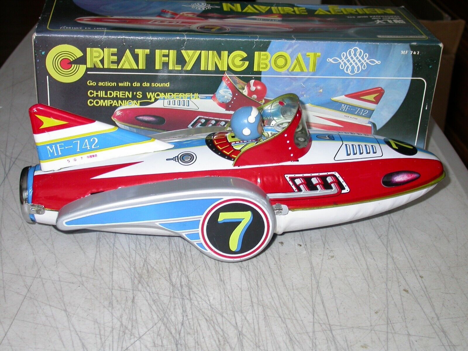 MF 742 Navire Aerien Great Flying Boat Friction Tin Toy Original Box Noise Nice - $24.99