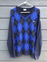 Lacoste Men&#39;s Sweater Size 7 Blue Argyle Print V Neck 100% Cotton - £29.61 GBP