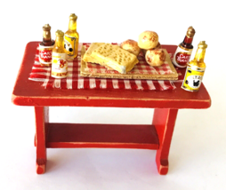 Miniature Dollhouse Rustic Trestle Table with Beer &amp; Bakery Snacks 2.75x... - $29.02