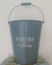 Fleurs &amp; Flowers ~ Decorative ~ Blue Metal Bucket ~ Wooden Handle ~ 9&quot; x 10&quot; - £23.99 GBP