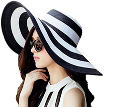 Women&#39;S Beachwear Sun Hat Black and White Striped Straw Hat Floppy Beach... - £18.02 GBP