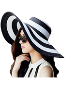Women&#39;S Beachwear Sun Hat Black and White Striped Straw Hat Floppy Beach... - £17.76 GBP