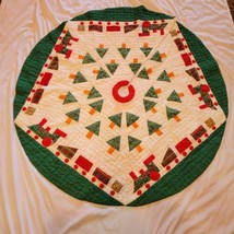  Vintage Handmade Quilted Christmas Tree Skirt Trains And Trees  47 Inch Di - £25.08 GBP
