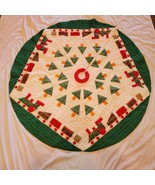  Vintage Handmade Quilted Christmas Tree Skirt Trains And Trees  47 Inch Di - £23.75 GBP