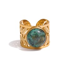 Stainless Steel Green Natural Turquoise Opening Ring Statement Golden 18 K Plate - £9.87 GBP