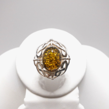 Silver Amber Ring Poland Oval Cabochon Filigree Braided Setting 925 V-8 Size 6 - £95.88 GBP