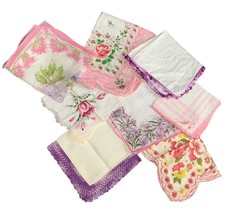 Vintage Floral Handkerchiefs Set of 8 Cotton Mix Pink &amp; Purple 10&quot;-13&quot; - $21.47