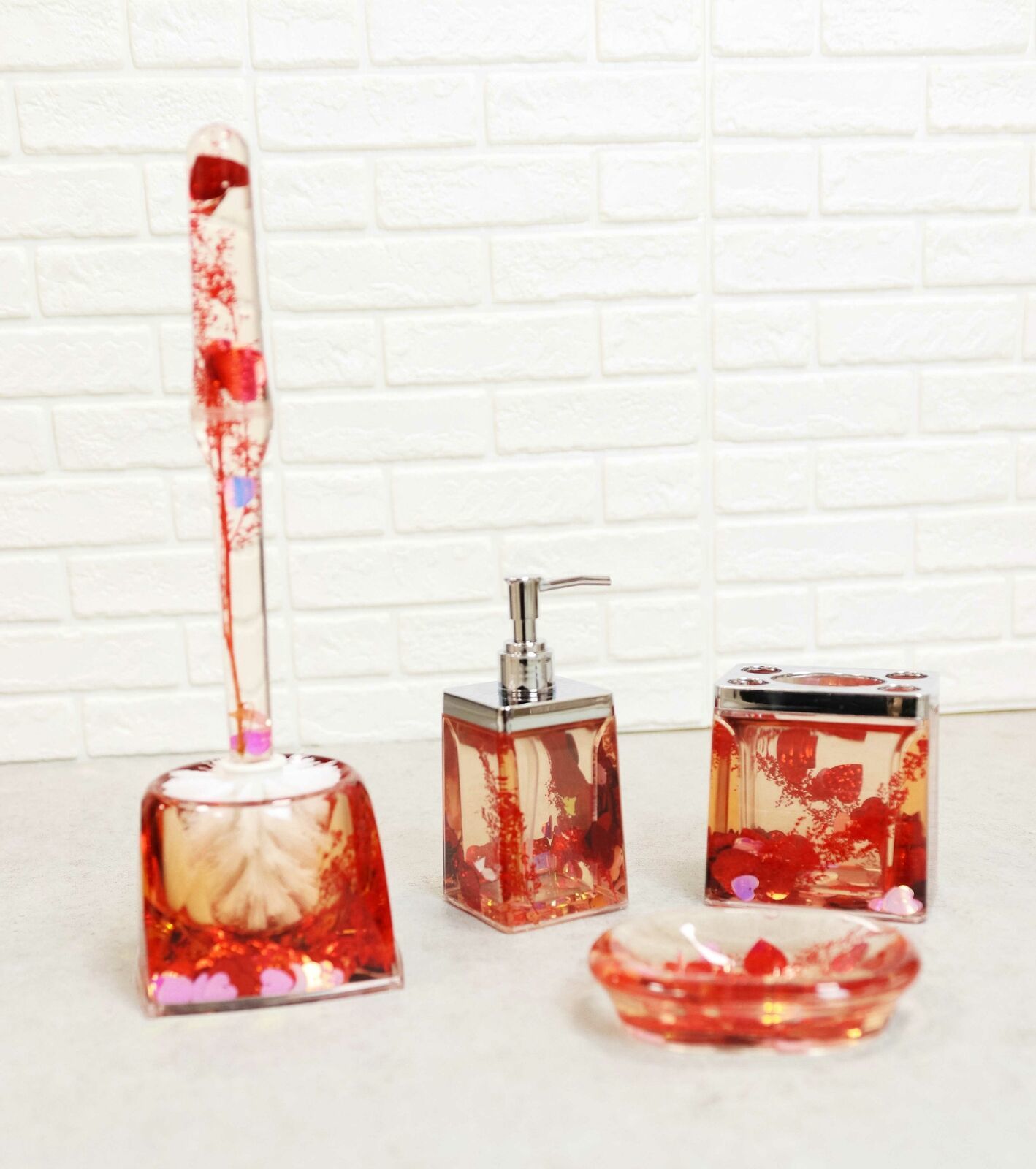 Red Pink Valentine Hearts 5 Piece Chic Bathroom Vanity Accessories Gift Set