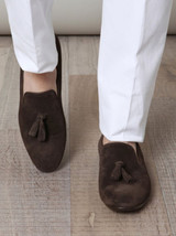 Men Leather Brown Suede Leather Tassel Loafers Moccasins Dress Formal Cu... - $2,603.81 MXN
