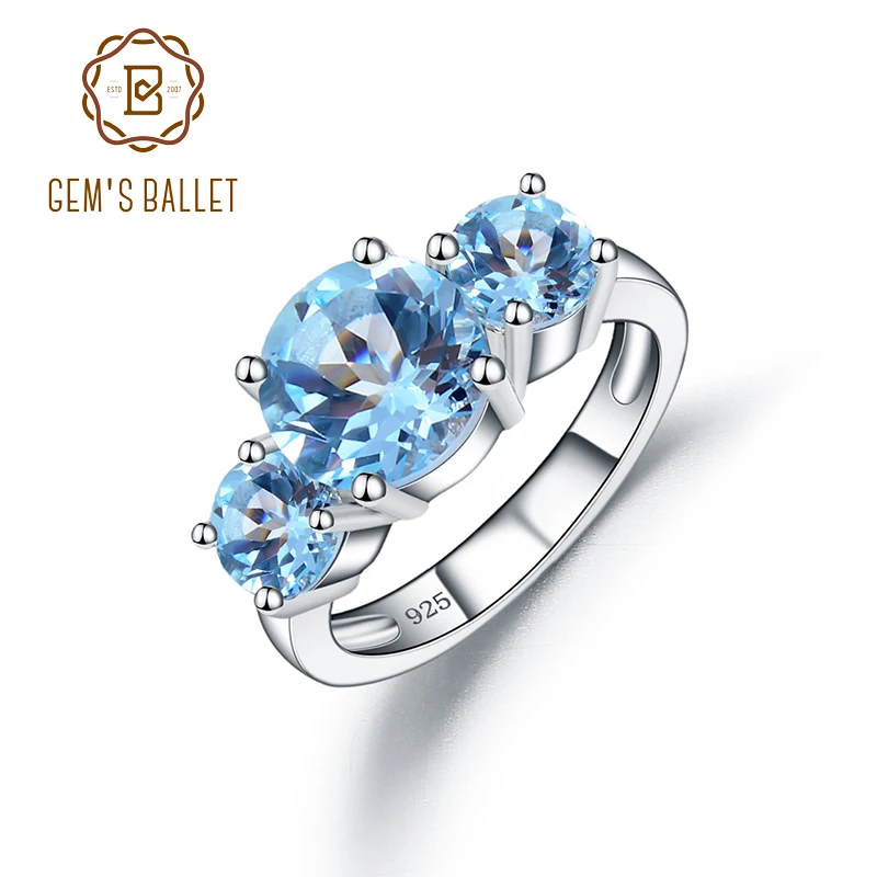 Natural Round Sky Blue Topaz Three Stone Wedding Band Rings 925 Sterling Silver  - $53.29