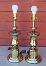 MCM Vintage Shiney Brass Finish Table Lamps 3 way switch 19&quot;x7&quot; Set of 2 - £62.50 GBP