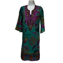boho beaded long sleeve v-neck 100% Silk lined dress Handmade Bali Tropical - $27.71