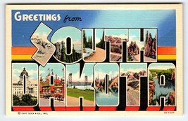 Greetings From South Dakota Large Letter Postcard Linen Curt Teich Vintage - £5.69 GBP