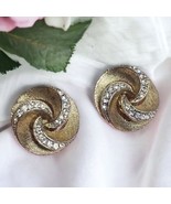 Vintage Lisner Textured Gold Tone Rhinestones Pinwheel Clip On Earrings - $14.99