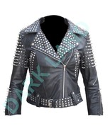 Men Studded Leather Jacket Black Real Leather Silver Spikes Motorcycle J... - $274.50