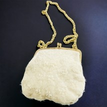 La Regale Hand Beaded Clutch Purse Ivory Flowers Gold Tone Chain Vtg Hong Kong - £18.53 GBP