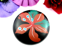 Orchid Pin Vintage Flower Big Brown Brooch Hand Painted Wood Black Round 2 3/8&quot; - £14.85 GBP