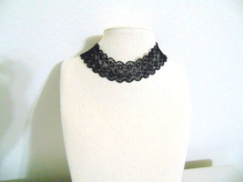 Department Store 11&quot; w 3 1/4&quot;ext Silver Tone Black Lace Choker Necklace L455 - $11.51