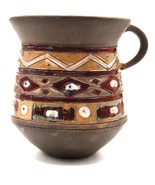 Vintage Clay Handled Cup W/ Tribal Design and Flash Glazed Interior - $29.99