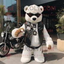 White Teddy Bear mascot costume character dressed with a Biker Jacket and Keycha - $1,229.00