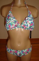 New Guess 2 Piece Swimsuit Ruffle Halter Top/Retro Pant Bottom Floral White M - £38.91 GBP