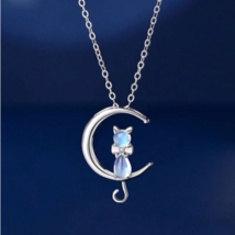 925 Sterling Silver Plated &quot;Cat on the Moon&quot; Moonstone Pendant Necklace - £7.91 GBP