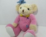 small plush tan teddy bear pink ABC embroidered pajamas blue hair bow ba... - $20.78