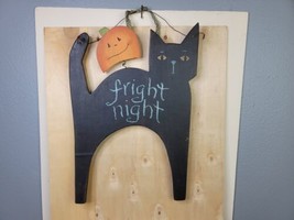 Fright Night Black Cat Wall Hanging with Jack o Lantern 17 x 12 Inches Wood - £13.49 GBP