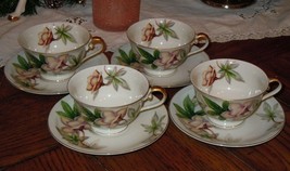 8pc Meito Woodrose Ivory China Tea Cup &amp; Saucer Set Japan (READ - 2 CHIPS) - £35.85 GBP