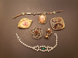 Lot of 7 Assorted Vintage Costume Jewelry Brooch, Bracelets Gemstones Roses - £15.92 GBP