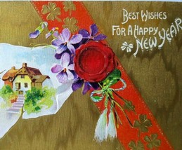 New Years Day Postcard Gold Background Home Cottage Clovers 1909 Detroit 8034 - £7.21 GBP