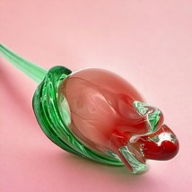 Hand Blown Art Glass Red Tulip Flower 14” Long Stem Bud with Green Leaf Vintage - £14.32 GBP