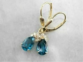 14K Yellow Gold Finish 4.20Ct Pear Simulated Blue Topaz Drop/Dangle Earrings - £124.59 GBP