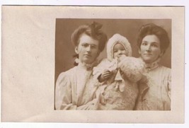 Portrait Postcard Sepia Two Ladies &amp; Baby RPPC Sailboat On Back 1905-08 - £2.32 GBP