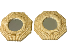 2 Homco Faux Wicker Rattan Wall Mirror Plastic Octagon Beige/Yellow Beach Decor - £17.06 GBP