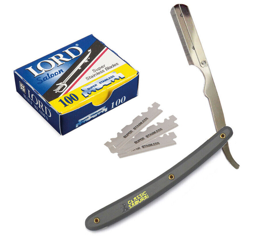 Stainless Steel Gray Straight Edge Barber Razor + 100 Lord Single Blades... - $13.85