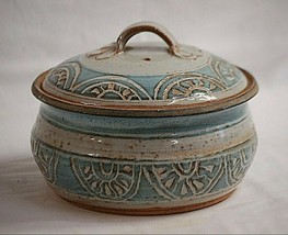 Vintage Hand Thrown Art Pottery Stoneware Crock w Lid Blue Earth Tones Signed - £55.38 GBP