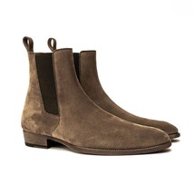 Bespoke Handmade Men&#39;s Coffee Color Genuine Suede Calf Leather Chelsea Ankle Hig - £175.48 GBP